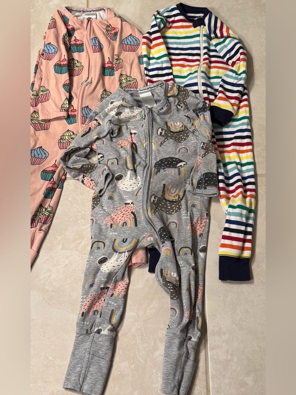 Bundle 12-18 Mo Pajamas Toddler Sleeper/ Zippy Rompers: Cupcake, Sloth & Rainbow